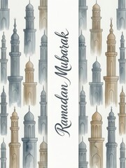 Ramadan mubarak greeting card design featuring watercolor mosque minarets
