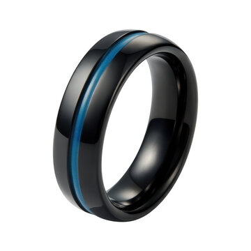 A contemporary black ceramic ring featuring a blue accent stripe isolated on a transparent background
