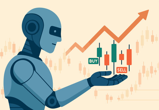Robot trade high frequency trading in stock market, crypto or forex, algorithm trade, AI artificial intelligence, buy sell transaction, robot hand holding investment candle stick graph as trader