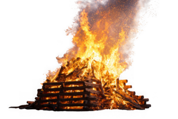 Burning wood pile isolated on transparent background
