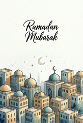 Ramadan mubarak greeting card with watercolor city illustration and crescent moon