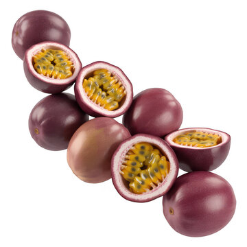 A creative arrangement of passion fruits with some cut open to show yellow... isolated on a transparent background