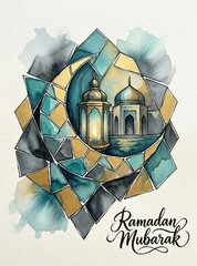 Watercolor ramadan mubarak greeting card with geometric crescent moon, lantern, and mosque