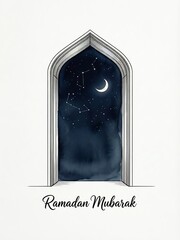 A serene night sky with crescent moon and stars viewed through an arched window for ramadan mubarak