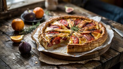 A dish of Greek cuisine.
Traditional Greek pie with tomatoes and onions "Ladenia". Ladenia (Greek: &Lambda;&alpha;&delta;έ&Nu;&iota;&alpha;) is a traditional Greek open pie, which is often referred to as "Greek pizza".