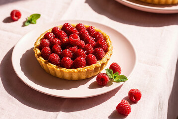 A delicious homemade raspberry tartlet with fresh berries on a pink plate, set in bright sunlight with a hard shadow. Concept of summer baking and dessert.