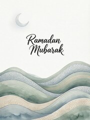Ramadan mubarak: a serene watercolor illustration with abstract waves and crescent moon