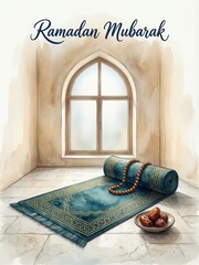 Ramadan mubarak greeting with a prayer mat, tasbih, and dates for spiritual reflection