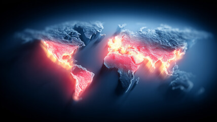 A glowing world map highlighting global connectivity, data networks and international digital technology concept.

