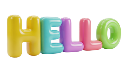 Colorful inflatable 3D balloon letters spelling word hello on transparent background