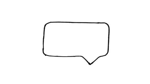 Hand-drawn black outline speech bubble animation on white background, minimalist rectangular dialogue box for creative video editing, text overlays, and social media.
