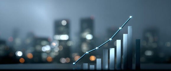 3D bar chart with rising line graph in front of blurred cityscape background representing business growth and financial success