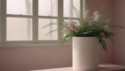 Fototapeta premium 3D render of white podium with spring flowers for product display, minimalist nature background