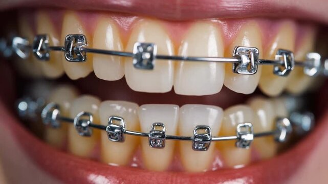 Extreme macro of dental braces brackets on teeth featuring wire tension and sharp metallic reflections, 4K.