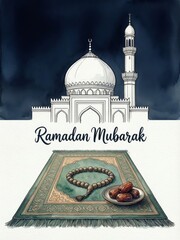 Ramadan mubarak celebration with mosque, prayer mat, tasbih, and dates for a blessed month