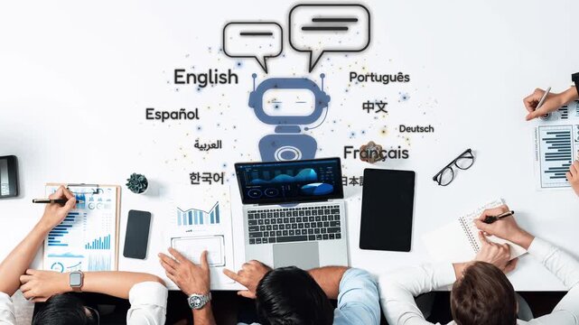A modern workspace showcases hands collaborating over data analysis with a multilingual chatbot interface and visual graphs, highlighting innovation and teamwork. Raster