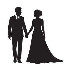 Fototapeta premium Romantic couple silhouette holding hands in elegant wedding dress and formal suit illustration