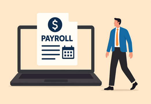 Salary payroll system, online income calculate and automatic payment, office accounting administrative or calendar pay date, employee wages concept, businessman standing with online payroll computer.