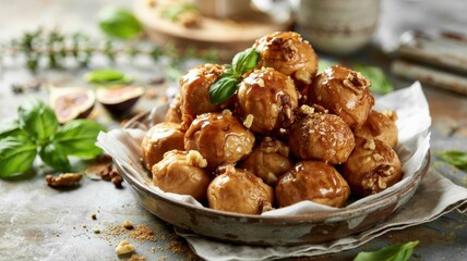 A dish of Greek cuisine.
Loukoumades is a popular and ancient Greek dessert, which consists of small fluffy doughnuts made from yeast dough, deep&mdash;fried.