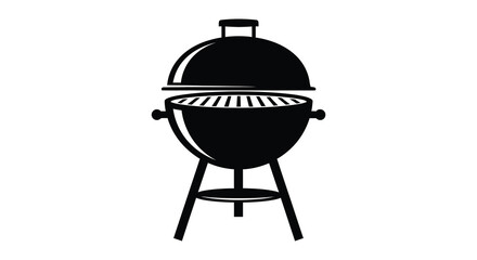 A black and white illustration of a classic outdoor charcoal grill a prominent silhouette