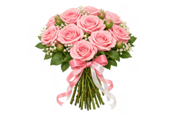 Pink roses bouquet tied with a silk ribbon, symbolizing love, romance, and celebration with transparent background