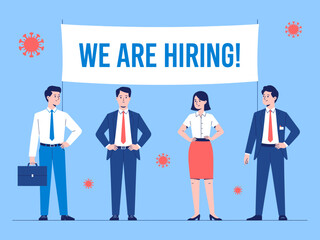 This informative illustration presents a hiring announcement with a diverse group of professionals, emphasizing unity and opportunity in the workforce during challenging times.