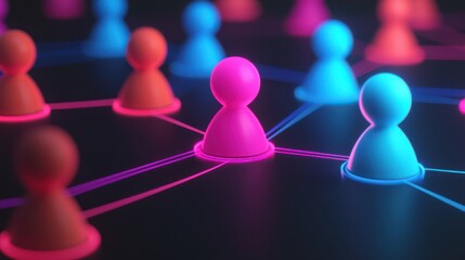 A vibrant network of colorful figures connected by glowing lines, illustrating digital interactions and social connections in a modern context.