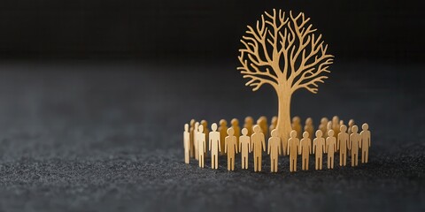 A golden tree stands at the center surrounded by cut-out figures, symbolizing community, growth, and connection.
