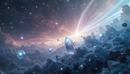 Majestic cosmic scene gas trails luminous crystals twilight sky space view