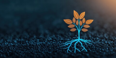 A stylized tree with vibrant orange leaves and blue roots, set against a dark textured background, symbolizing growth and sustainability.