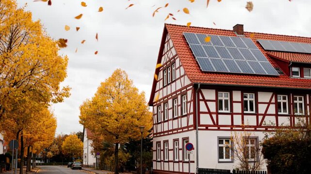 Half-timbered house stands beside a tree-lined street in golden autumn. Solar panels cover the red tiled roof while yellow leaves fall across the residential neighborhood. Overcast sky and parked cars