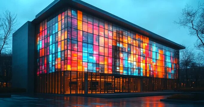 Colorful modern building illuminated at dusk