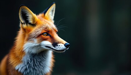 Obraz premium Portrait of red fox on blurred dark forest background. Wild animal has white and orange fur. Wildlife photography shows predator looking to the side in nature.