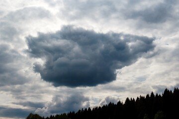 Majestic, dark storm cloud billows across the expansive sky above a tranquil forest. Powerful spring nature vista unfolds, showcasing atmospheric drama