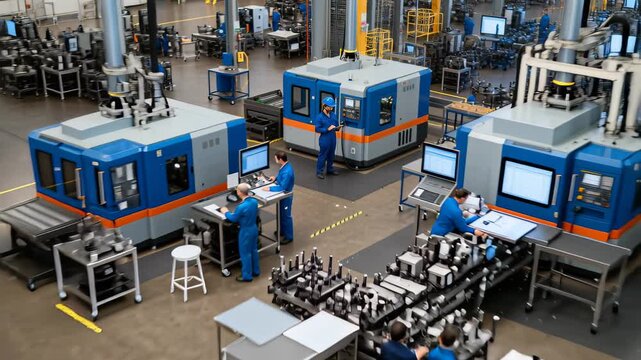 Man checks tablet while monitoring CNC machine in a modern industrial workshop, wearing blue safety gear and helmet and surrounded by manufacturing equipment and control panels for production monitori