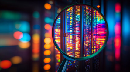 A magnifying glass inspecting illuminated server racks to represent data center analysis cybersecurity auditing and digital infrastructure protection.
