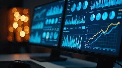 Dual monitors showcase glowing blue financial analysis graphs and charts in a dark setting, concept for financial trading, market analysis and business intelligence dashboards - Powered by Adobe