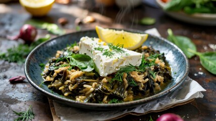 A dish of Greek cuisine.
Risotto with spinach. In Greek cuisine, this dish is called Spanakorizo.