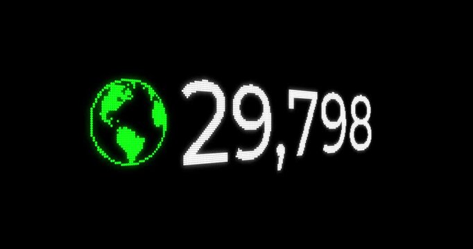 Digital rapid numerical countdown with green globe icon with glow effect on dark background