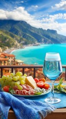 Obraz premium Appetizer plate with cheese, grapes, and cured meats on a table with ocean view