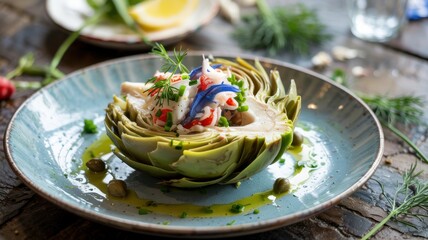 A dish of Greek cuisine.
Aguinares gemistes me cavuri. Artichokes with crab meat.