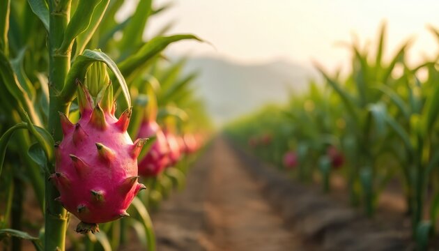 Dragon fruit farm with pink pitayas in morning light. Rows of vines stretch to mountain. Harvest ready fruits on green plants grow in field. Tropical agriculture industry shows fresh exotic snack.