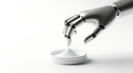 Close up of a detailed metallic robot hand gently holding a small white bowl filled with a white substance isolated on white background