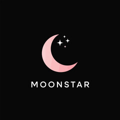 Vector illustration icon pink crescent moon logo with stars and moonstar text on black background © RihamTeam