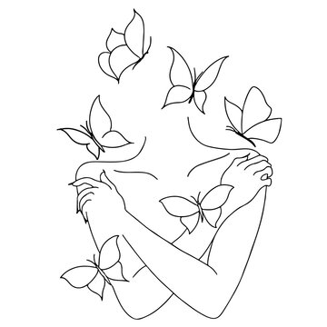 A girl hugs herself with one line, butterflies fly around. Mother's Day. Spring. Self-love.