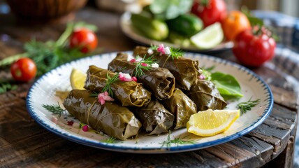 A dish of Greek cuisine.
Cabbage rolls in grape leaves with rice and onions. This dish is called Dolmadakia.