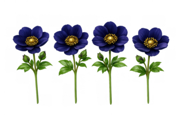 Dark blue anemone flowers with yellow centers and green leaves on tall stems, botanical illustration, transparent background