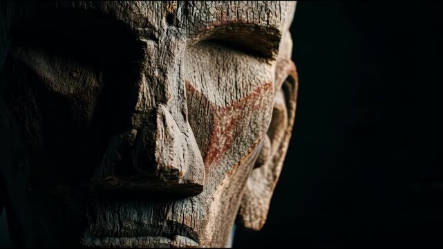 Ancient Wooden Mask with Intricate Carvings on Dark Background.