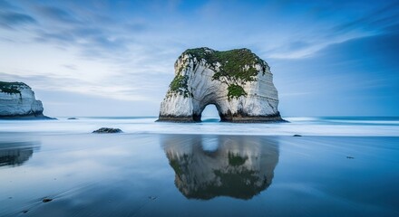 Majestic coastal sea arch with lush tree atop reflecting in tranquil ocean waters under serene blue sky