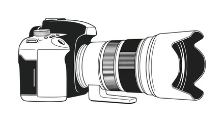 Detailed illustration of a professional digital slr camera with a large zoom lens silhouette